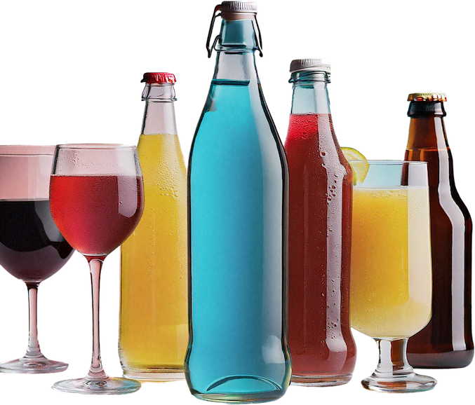 Various drink bottles and glasses